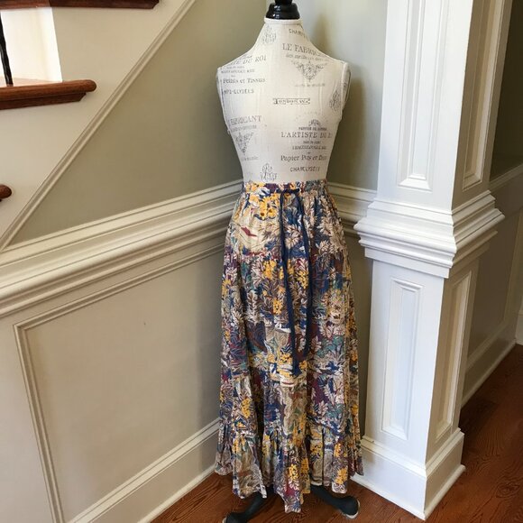 The Great Pastoral Tiered Maxi Skirt Womens 2 Small Blue Yellow Canopy Leaf - Picture 3 of 14